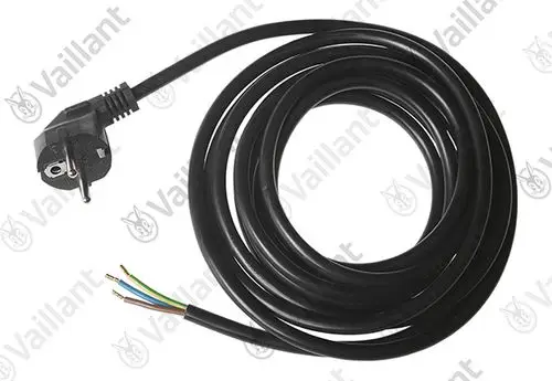 Schwarzes Netzkabel mit einem Stecker und drei Adern in Blau, Braun und Gelb-Grün, geeignet für Geräte der Marke Vaillant.